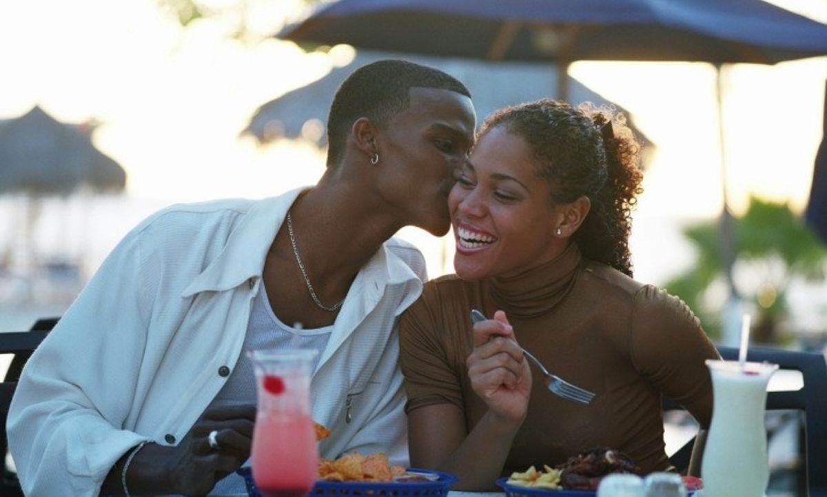 Romantic Guyanese couple enjoying a special moment together over dinner.